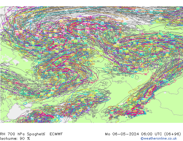 RH 700 hPa Spaghetti ECMWF Mo 06.05.2024 06 UTC