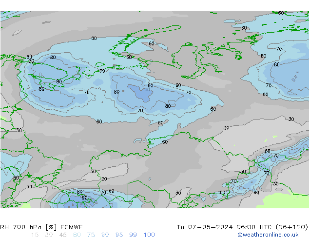 RH 700 hPa ECMWF Tu 07.05.2024 06 UTC