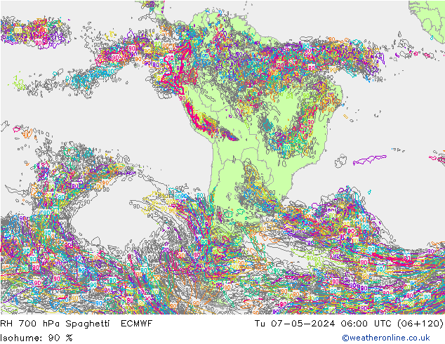 RH 700 hPa Spaghetti ECMWF Di 07.05.2024 06 UTC
