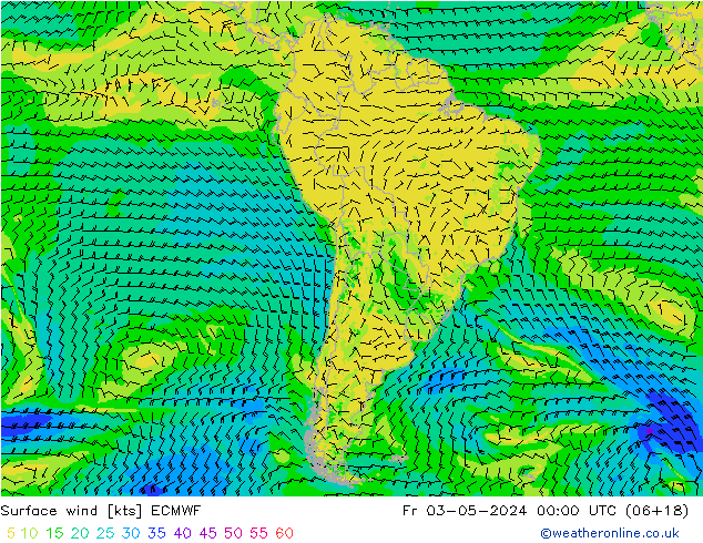 wiatr 10 m ECMWF pt. 03.05.2024 00 UTC