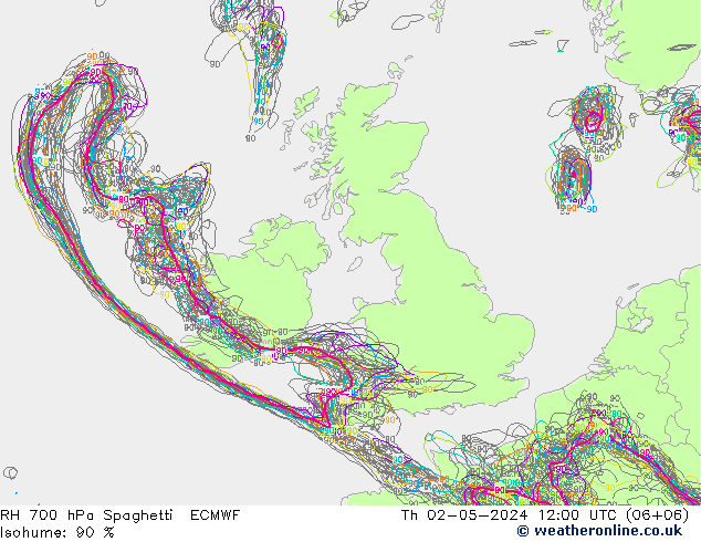RH 700 hPa Spaghetti ECMWF Qui 02.05.2024 12 UTC