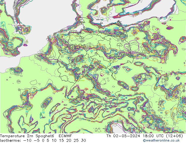 Temperatura 2m Spaghetti ECMWF jue 02.05.2024 18 UTC