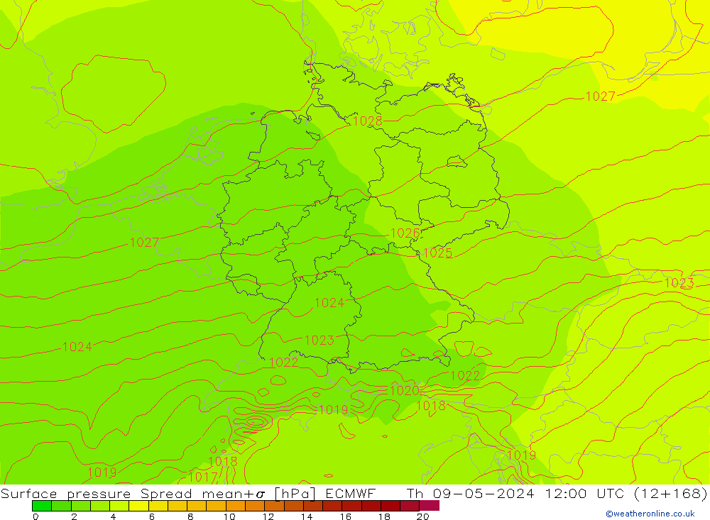 Surface pressure Spread ECMWF Th 09.05.2024 12 UTC