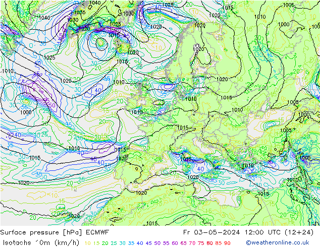 Isotachs (kph) ECMWF Pá 03.05.2024 12 UTC