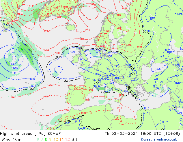 High wind areas ECMWF Th 02.05.2024 18 UTC