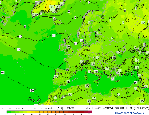 Temperaturkarte Spread ECMWF Mo 13.05.2024 00 UTC