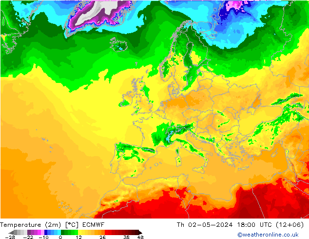 mapa temperatury (2m) ECMWF czw. 02.05.2024 18 UTC