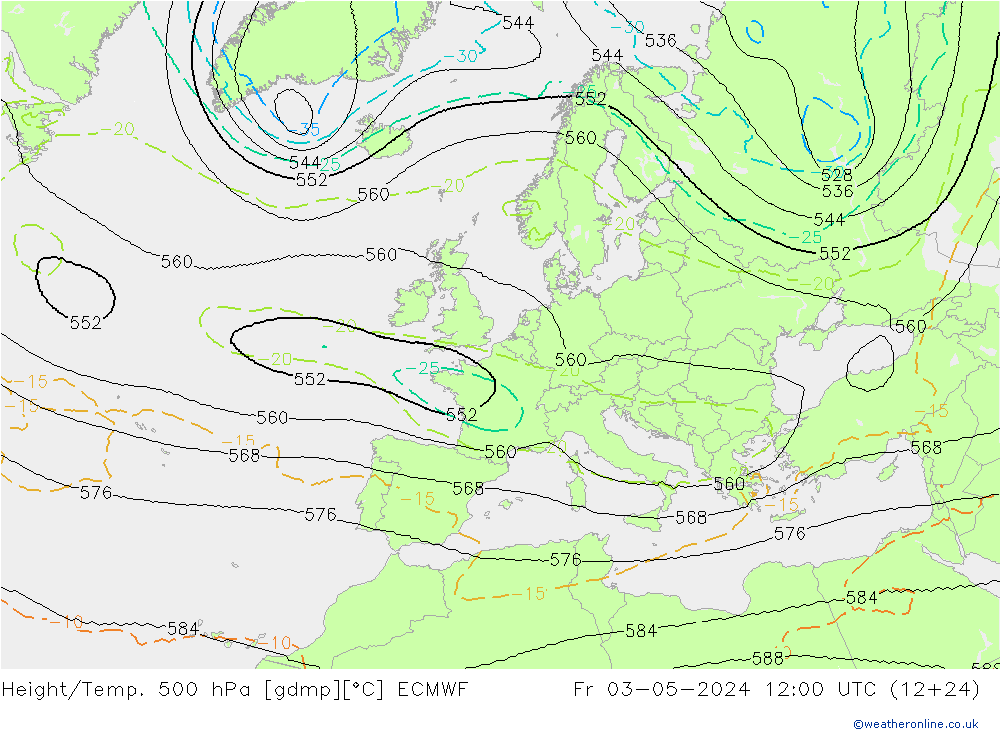 Height/Temp. 500 hPa ECMWF Pá 03.05.2024 12 UTC