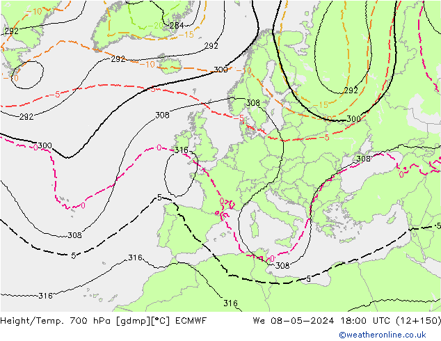 Height/Temp. 700 hPa ECMWF Mi 08.05.2024 18 UTC