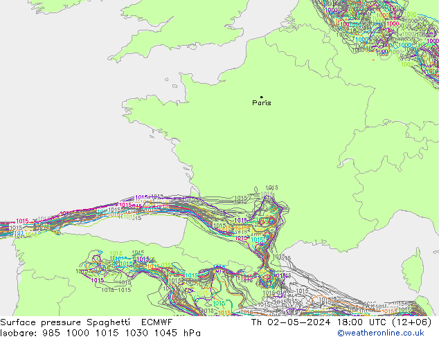 Surface pressure Spaghetti ECMWF Th 02.05.2024 18 UTC