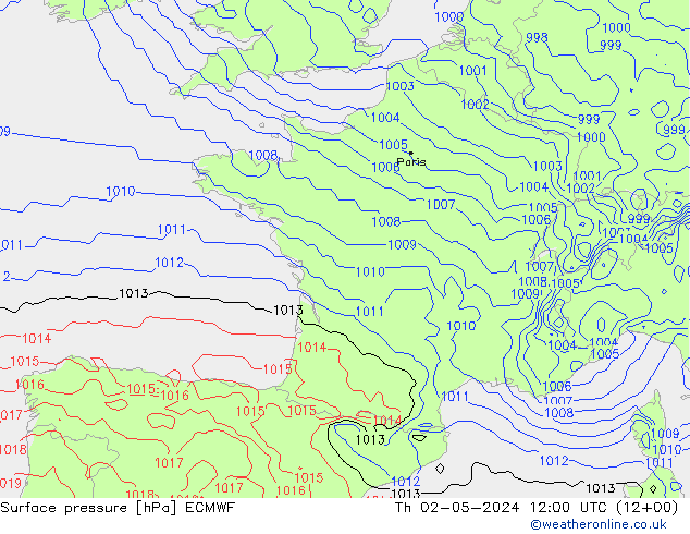 Luchtdruk (Grond) ECMWF do 02.05.2024 12 UTC