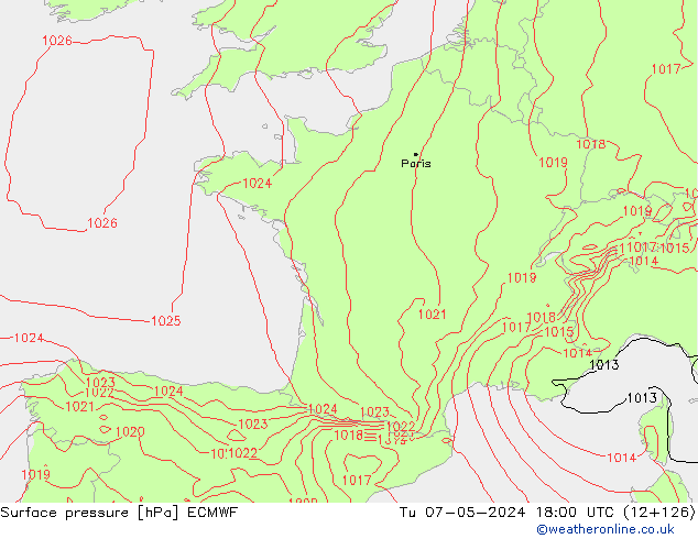 Surface pressure ECMWF Tu 07.05.2024 18 UTC