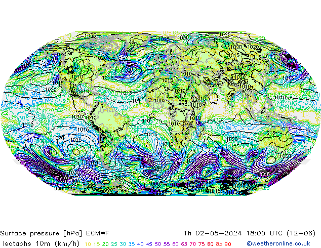 Isotachs (kph) ECMWF Th 02.05.2024 18 UTC