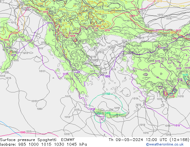 Surface pressure Spaghetti ECMWF Th 09.05.2024 12 UTC