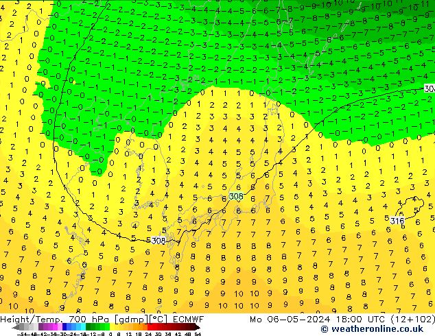 Height/Temp. 700 hPa ECMWF Mo 06.05.2024 18 UTC