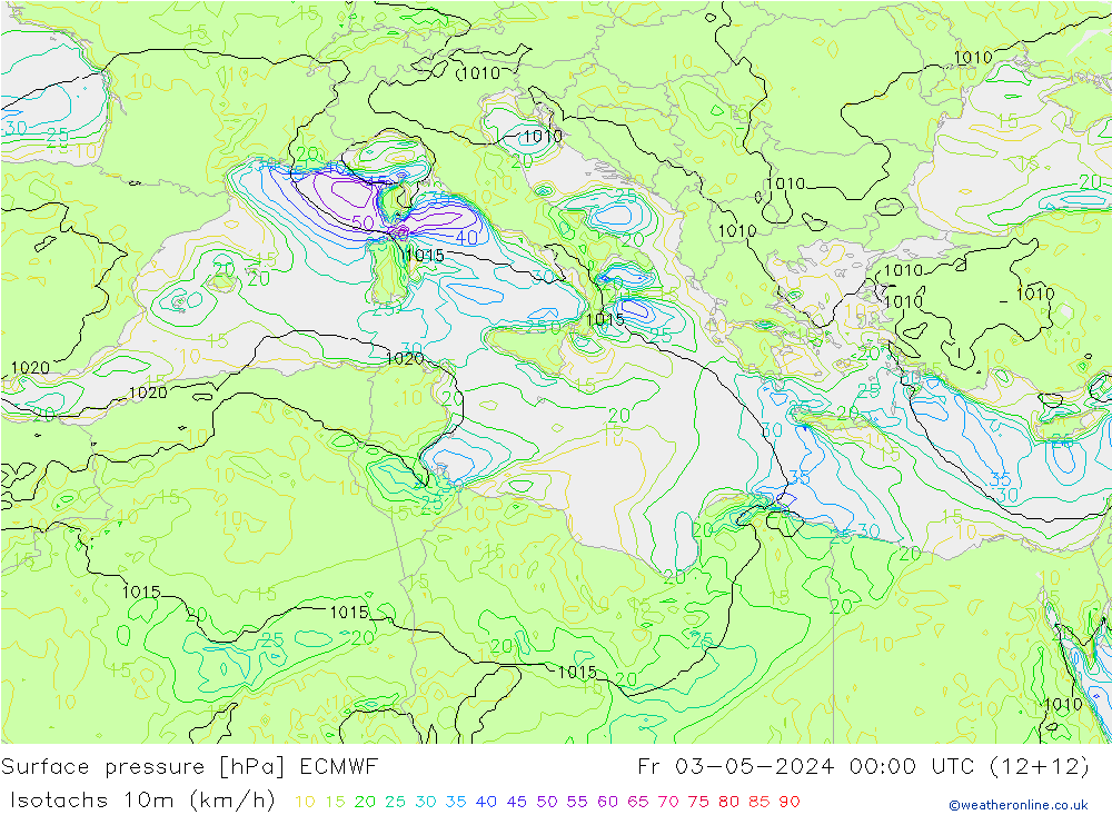 Isotachs (kph) ECMWF Fr 03.05.2024 00 UTC