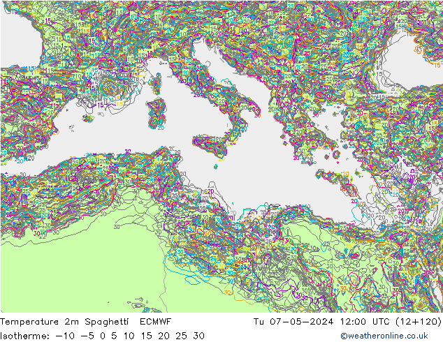 карта температуры Spaghetti ECMWF вт 07.05.2024 12 UTC
