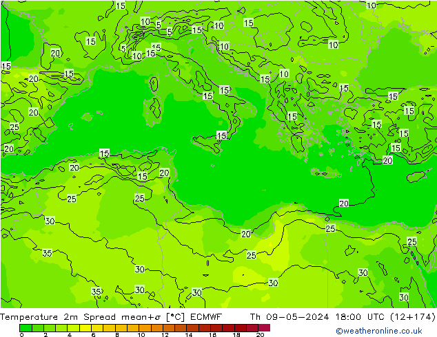 Temperature 2m Spread ECMWF Th 09.05.2024 18 UTC