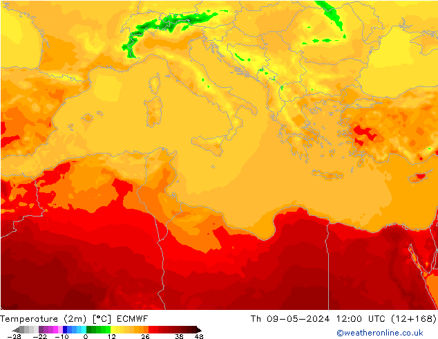 Temperature (2m) ECMWF Th 09.05.2024 12 UTC