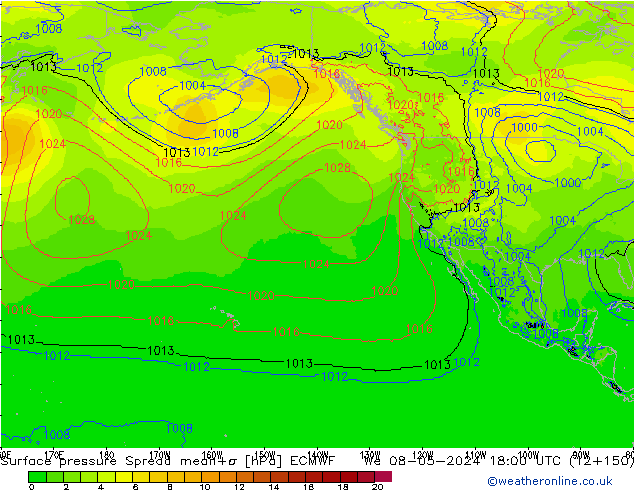 Surface pressure Spread ECMWF We 08.05.2024 18 UTC