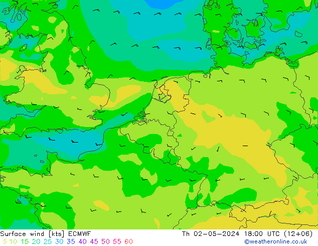 Surface wind ECMWF Čt 02.05.2024 18 UTC