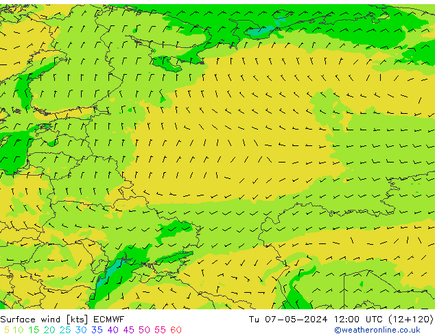 wiatr 10 m ECMWF wto. 07.05.2024 12 UTC