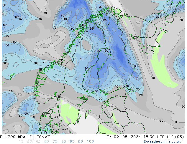 Humedad rel. 700hPa ECMWF jue 02.05.2024 18 UTC