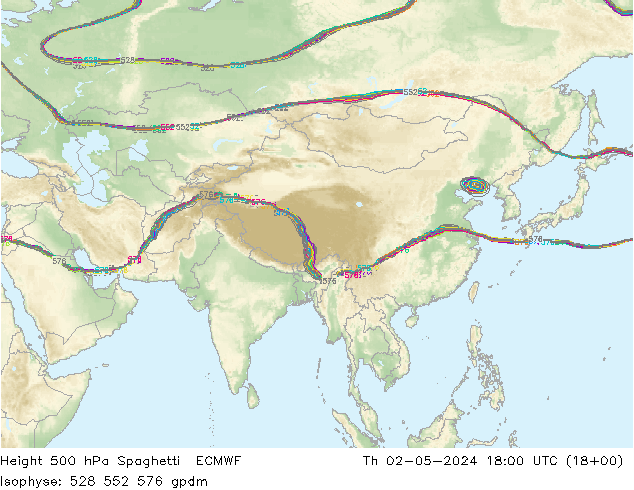 Height 500 hPa Spaghetti ECMWF Čt 02.05.2024 18 UTC