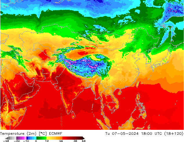 Temperatuurkaart (2m) ECMWF di 07.05.2024 18 UTC