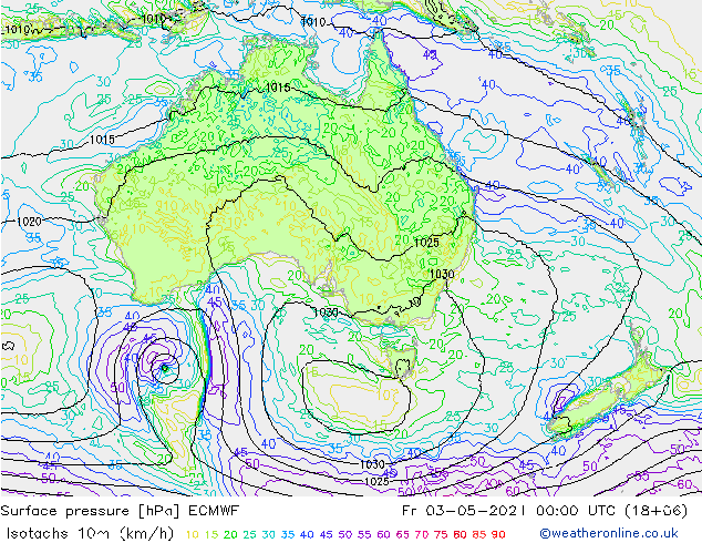 Isotachs (kph) ECMWF пт 03.05.2024 00 UTC