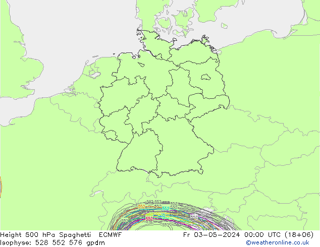 Height 500 hPa Spaghetti ECMWF 星期五 03.05.2024 00 UTC