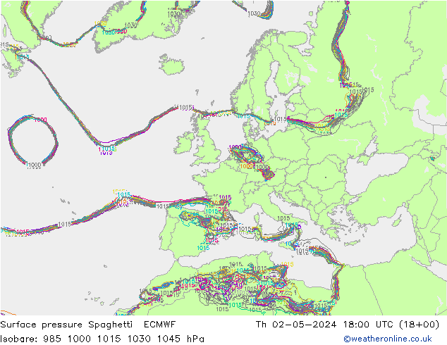 Surface pressure Spaghetti ECMWF Th 02.05.2024 18 UTC