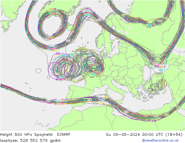 Height 500 hPa Spaghetti ECMWF So 05.05.2024 00 UTC
