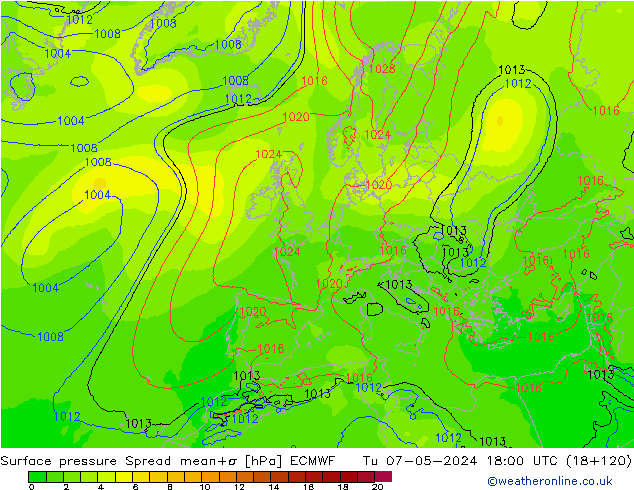 Surface pressure Spread ECMWF Tu 07.05.2024 18 UTC