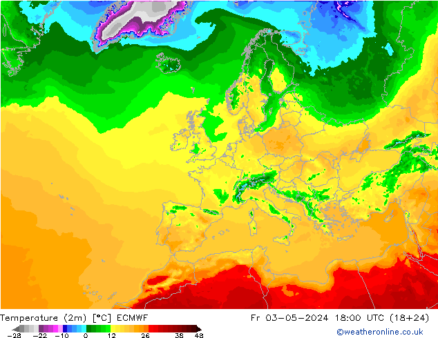 Temperaturkarte (2m) ECMWF Fr 03.05.2024 18 UTC