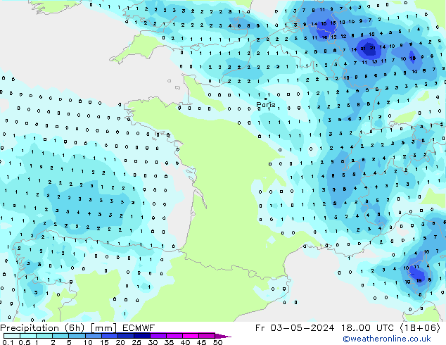 осадки (6h) ECMWF пт 03.05.2024 00 UTC