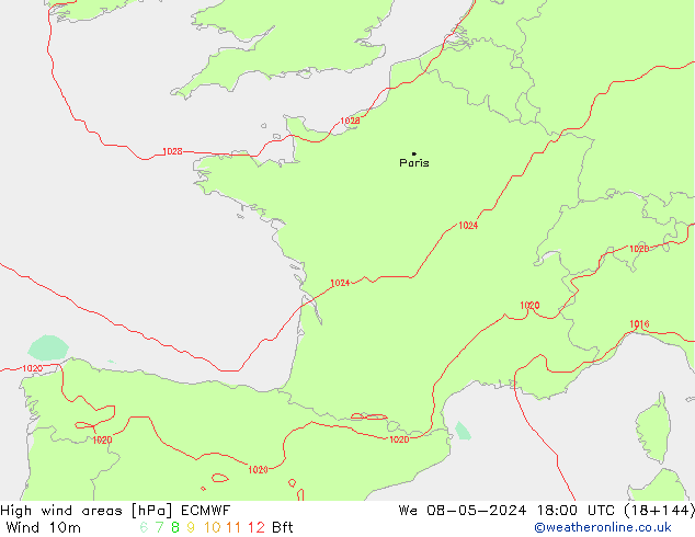 yüksek rüzgarlı alanlar ECMWF Çar 08.05.2024 18 UTC