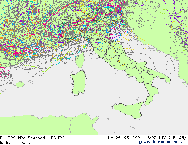 RH 700 гПа Spaghetti ECMWF пн 06.05.2024 18 UTC