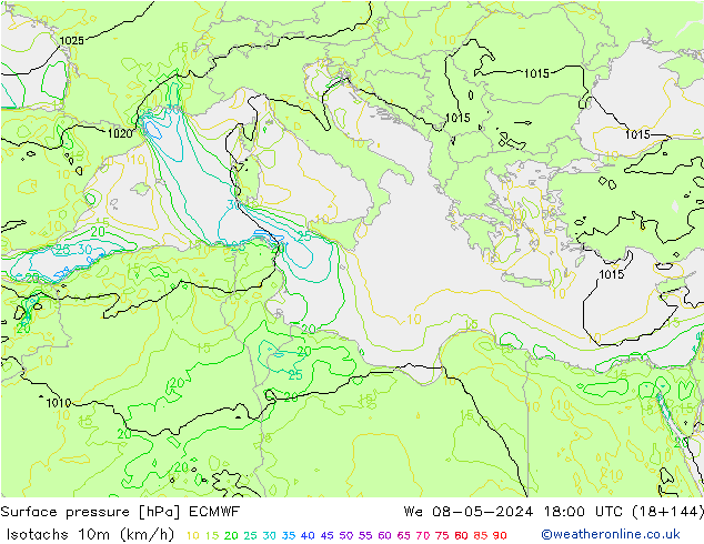 Isotachs (kph) ECMWF St 08.05.2024 18 UTC