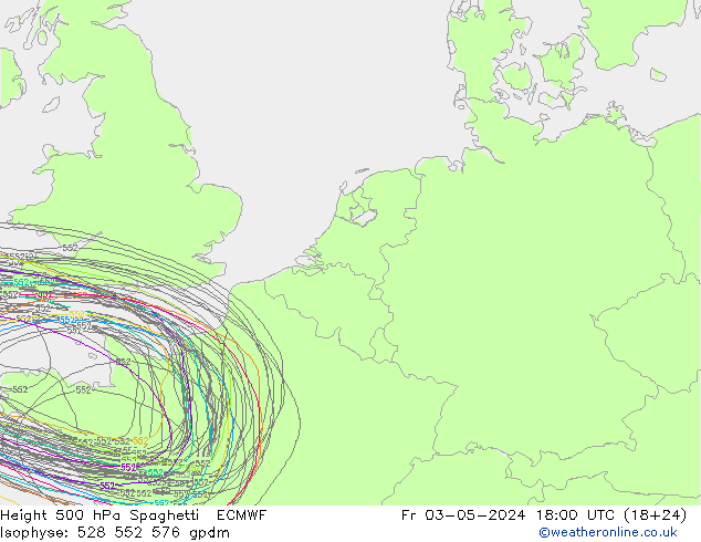 Height 500 гПа Spaghetti ECMWF пт 03.05.2024 18 UTC