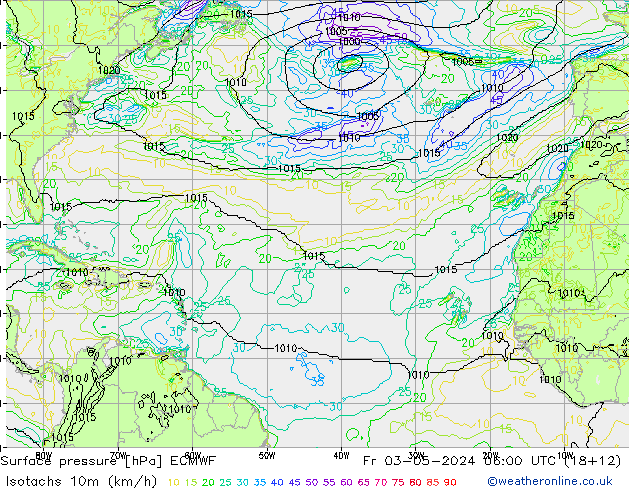 Isotachs (kph) ECMWF  03.05.2024 06 UTC