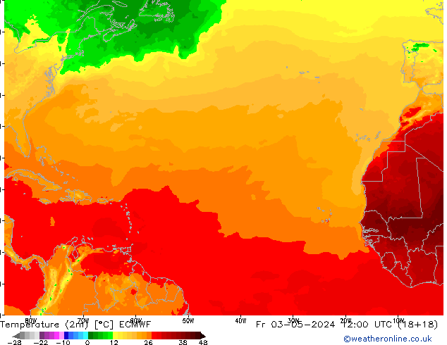 mapa temperatury (2m) ECMWF pt. 03.05.2024 12 UTC