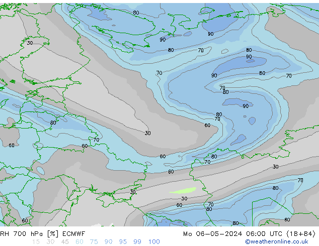 RH 700 гПа ECMWF пн 06.05.2024 06 UTC
