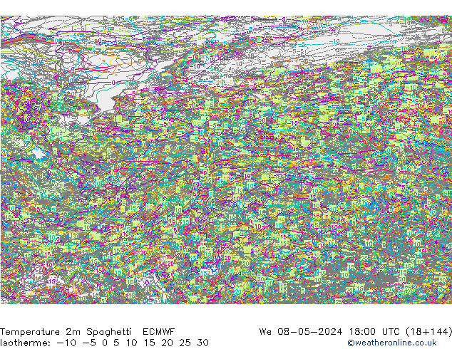 Temperatura 2m Spaghetti ECMWF mié 08.05.2024 18 UTC