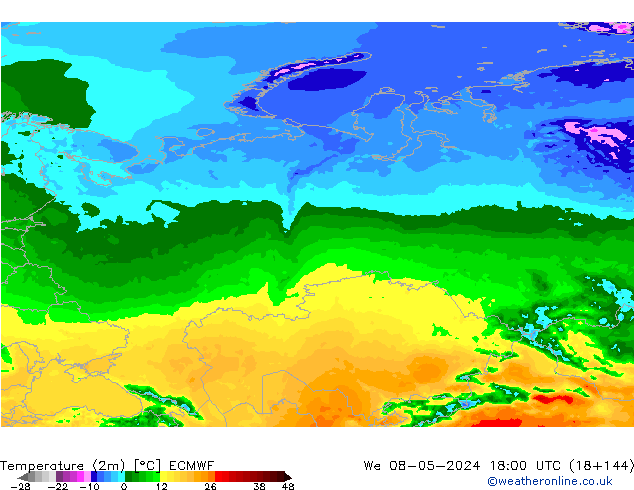 Temperatuurkaart (2m) ECMWF wo 08.05.2024 18 UTC