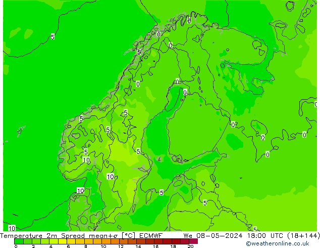 Temperature 2m Spread ECMWF We 08.05.2024 18 UTC