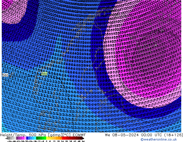 Height/Temp. 500 hPa ECMWF mer 08.05.2024 00 UTC