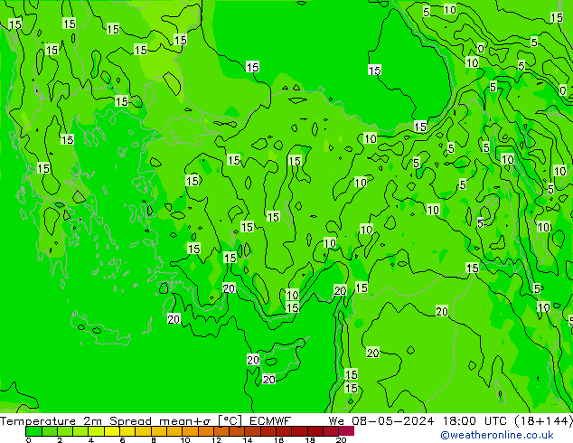 mapa temperatury 2m Spread ECMWF śro. 08.05.2024 18 UTC