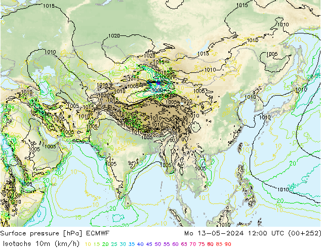 Isotachs (kph) ECMWF Mo 13.05.2024 12 UTC