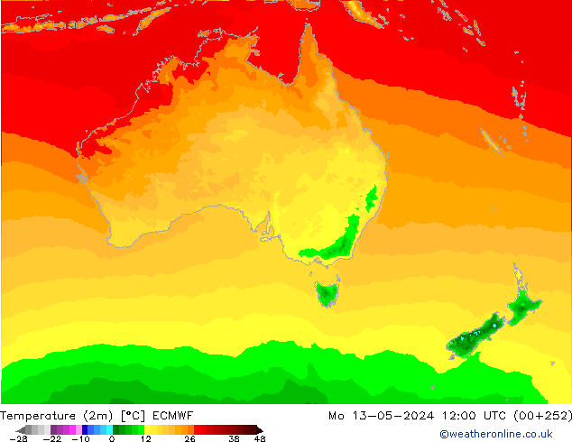 mapa temperatury (2m) ECMWF pon. 13.05.2024 12 UTC